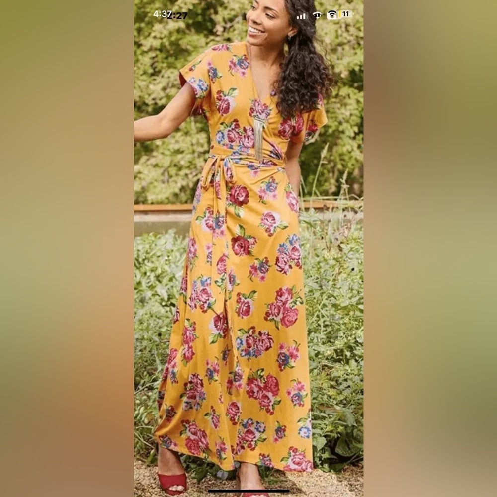 Matilda Jane Women’s Medium Alana Maxi Wrap Dress Yellow Floral Waist Ties